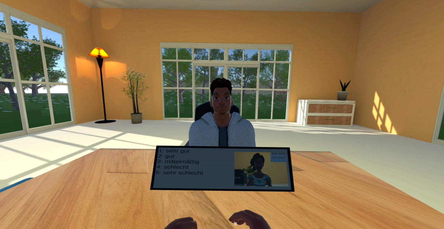 First-person view from the interviewee's position: the interviewer's avatar opposite, with a panel on the desk showing five German answer options and a self-view mirror
