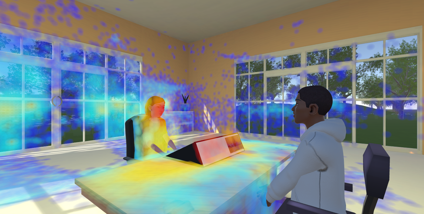 The interview room with a heat map overlaid, showing where gaze concentrated during a session
