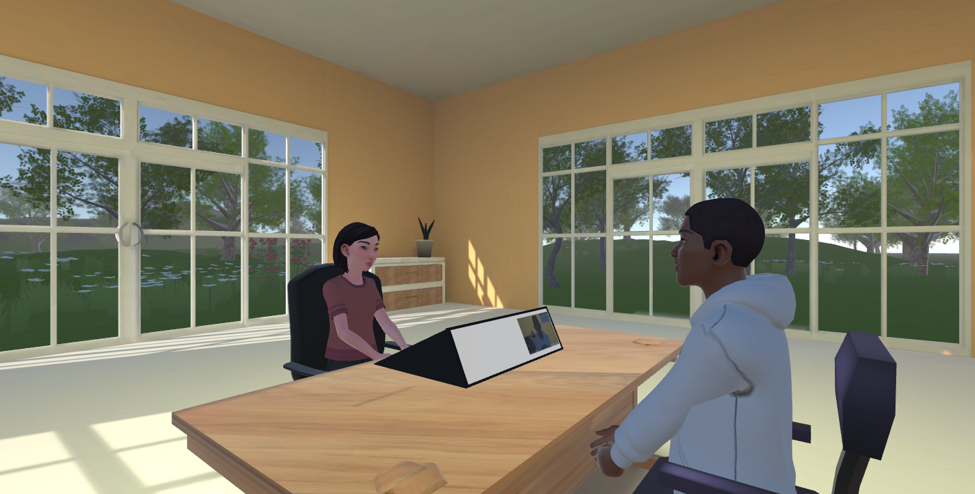 The virtual interview room: two avatars facing each other across a wooden desk, with an answer-option panel between them