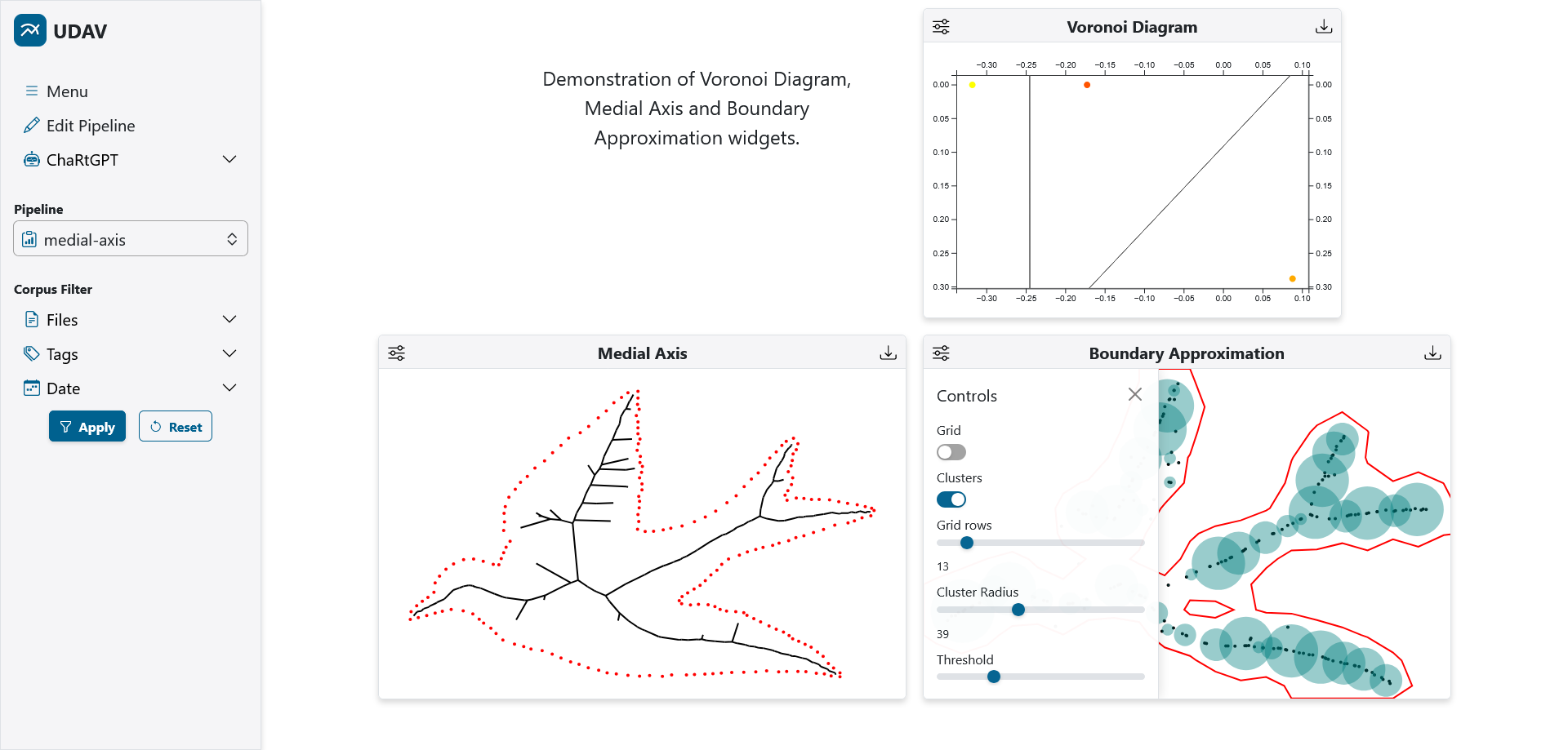 Voronoi diagram, medial axis and boundary approximation widgets
